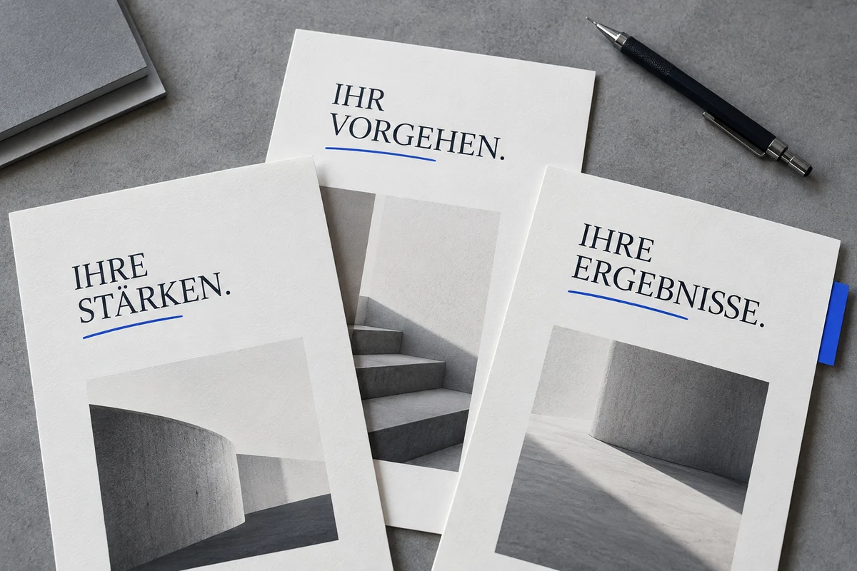 Illustration der Textarbeit: Arbeitsblätter zu Stärken, Vorgehen und Ergebnissen